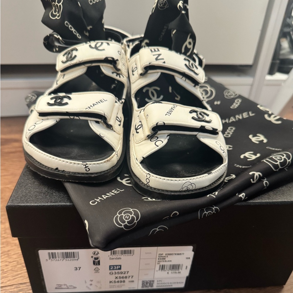 CHANEL Black and White Logo Dad Sandals - Picture 12 of 16